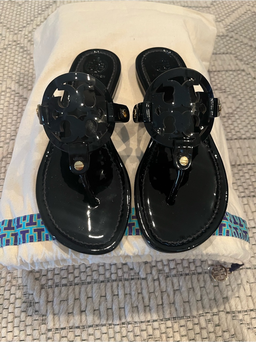 Tory Burch Black Patent Logo Thong Sandals